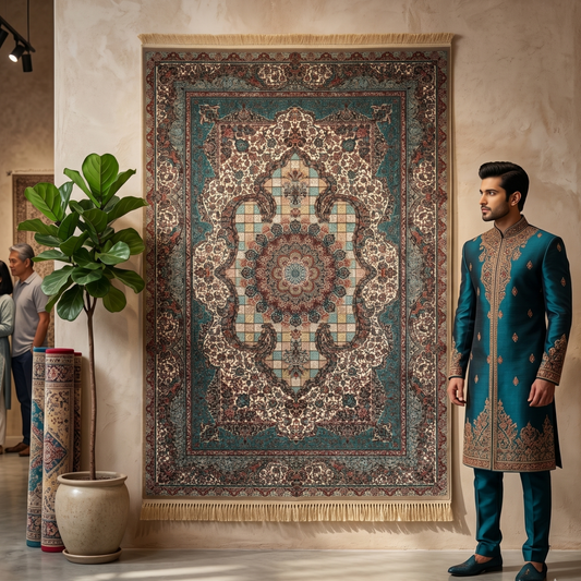5 ft x 8 ft Teal Persian 1200 Reed Acrylic Rug, Garden Medallion Carpet