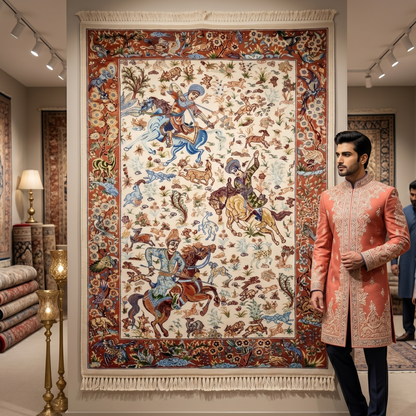 Persian Silk Hunting Scene Rug 2 ft x 3 ft | Pure Silk | 1600 Reeds