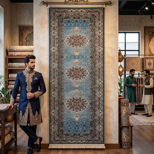 3 ft x 13 ft Persian Steel Blue Acrylic Runner | 1000 Reed Triple Medallion, Iran