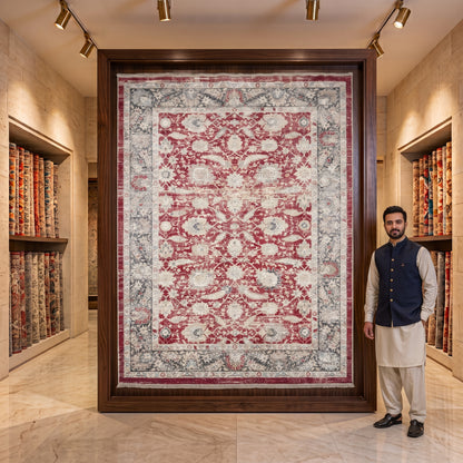 Oushak Heritage Turkish Acrylic Rug – Crimson Red & Ivory Floral, 5 x 8 ft