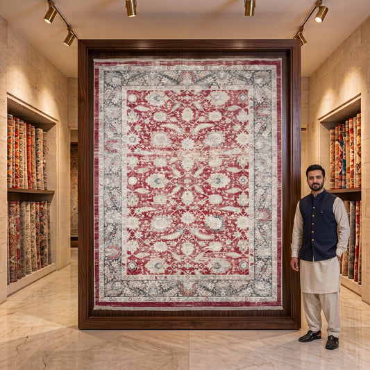 Oushak Heritage Turkish Acrylic Rug – Crimson Red & Ivory Floral, 5 x 8 ft