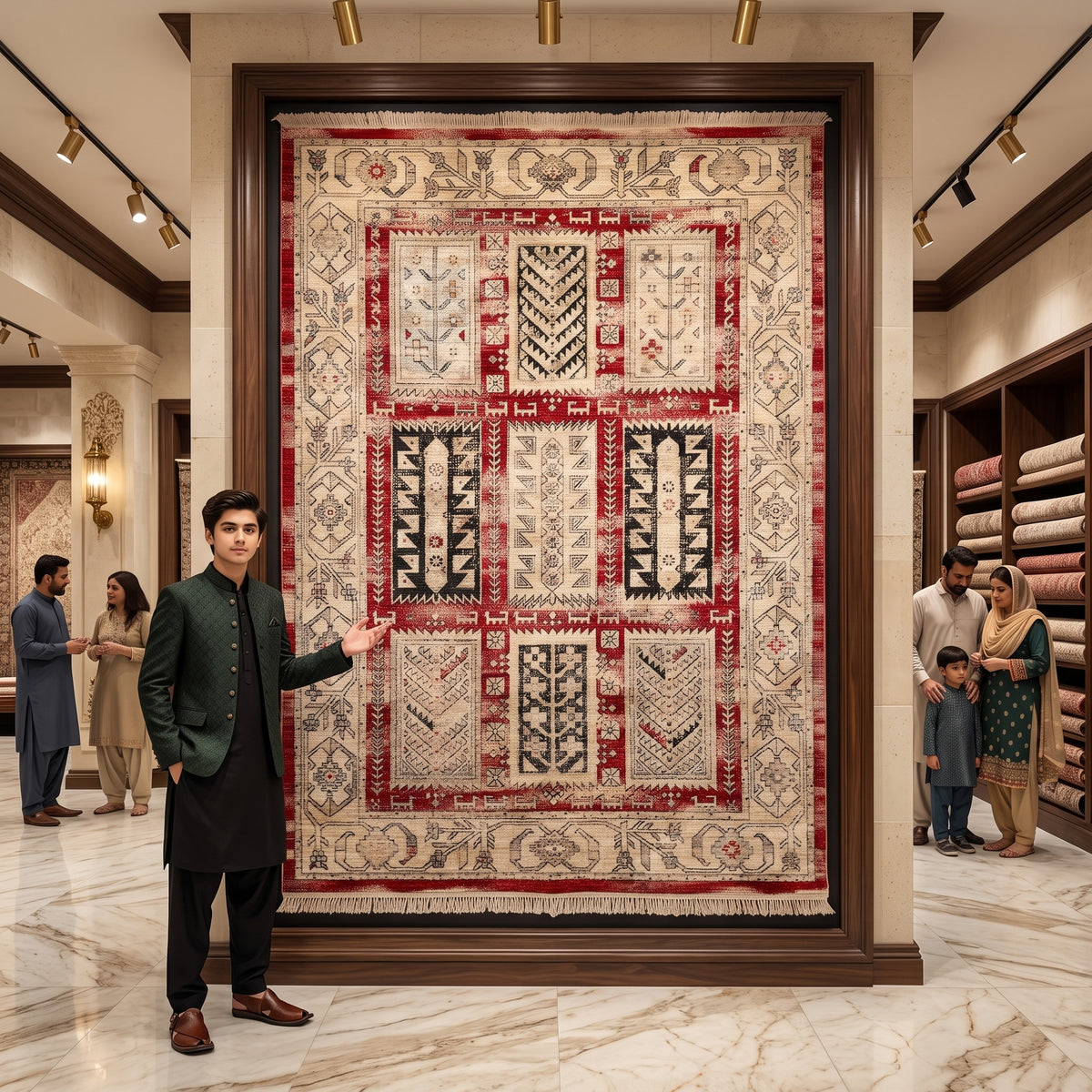 Oushak Heritage Turkish Acrylic Rug – Red & Ivory Patchwork Design, 5 x 8 ft