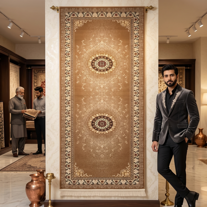 3 ft x 10 ft Persian Golden Acrylic Runner Rug | 1000 Reed Floral Medallion, Iran