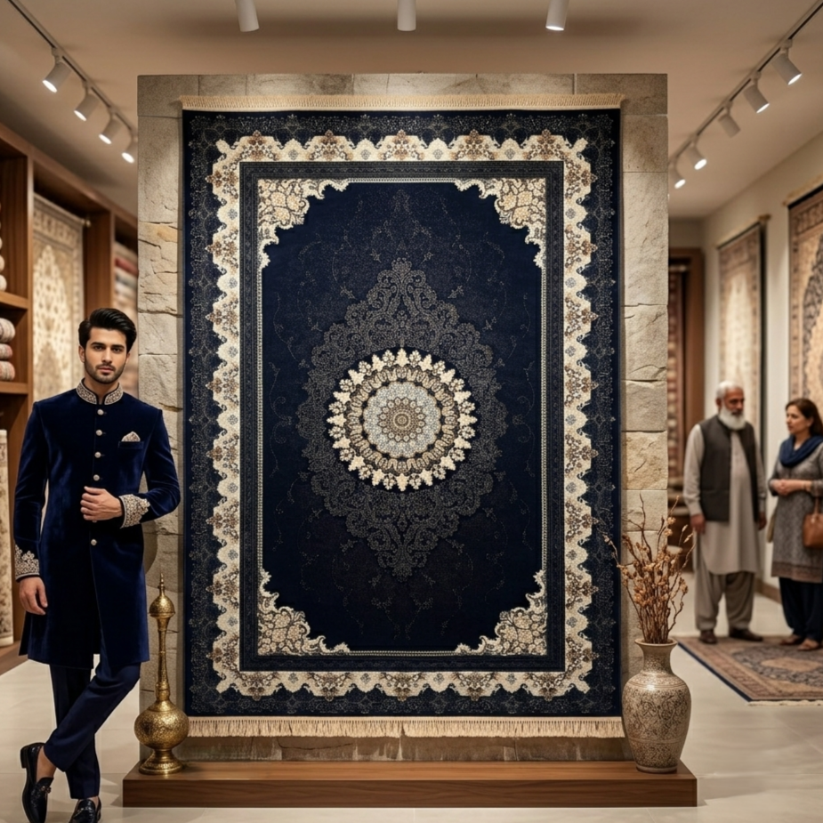 7 ft x 10 ft Navy Persian 700 Reed Acrylic Rug, Nain Medallion Carpet