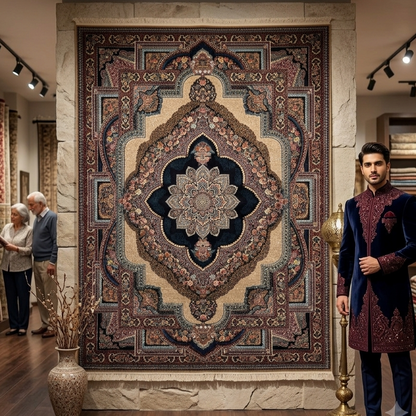 7 ft x 10 ft Cream Persian 1000 Reed Acrylic Rug, Tabriz Medallion Carpet
