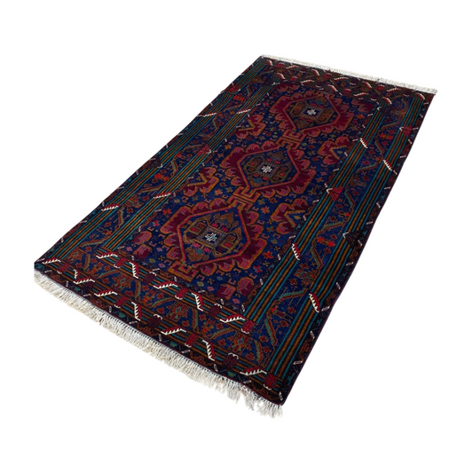 Authentic Baluchi 1 - 4 ft x 6 ft - Handmade Carpet - D. Blue and Red Wine - Timeless Beauty for Your Home