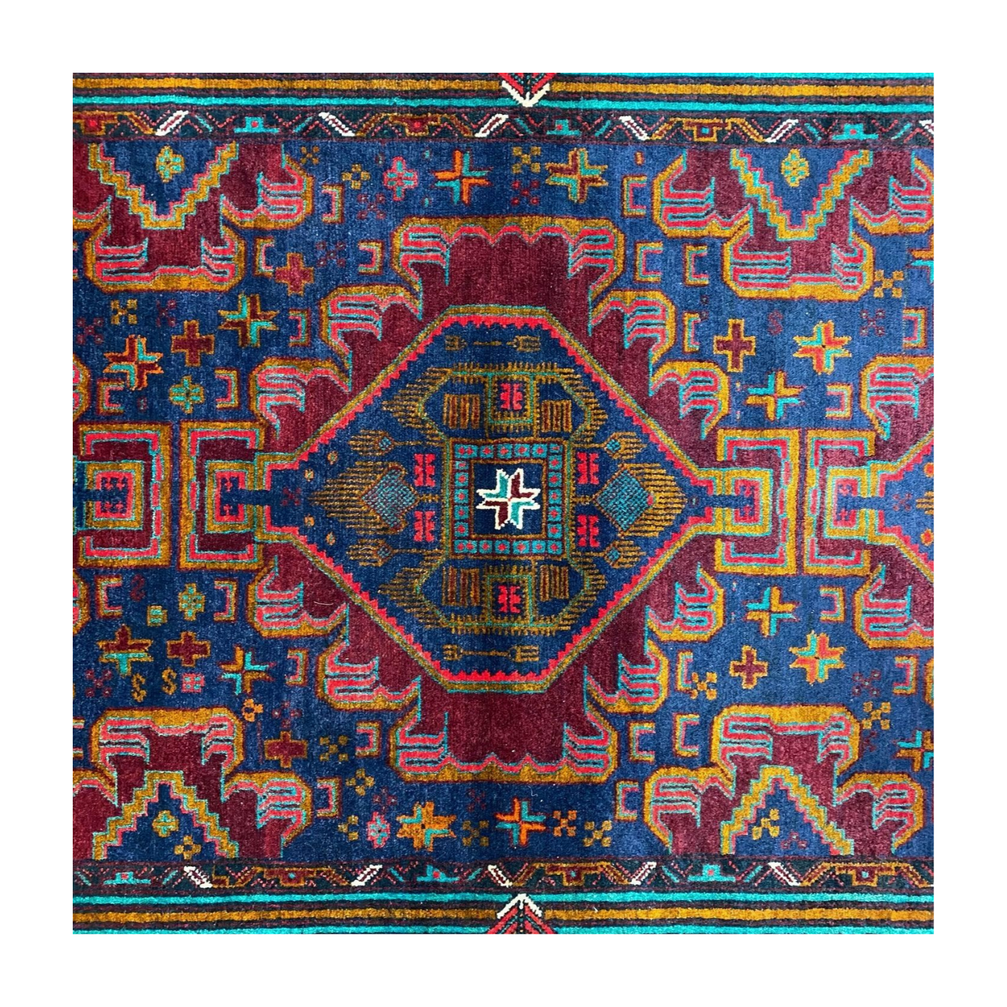 Authentic Baluchi 1 - 4 ft x 6 ft Handmade Wool Carpet - Deep Blue and Red Wine - Timeless Beauty for Your Home