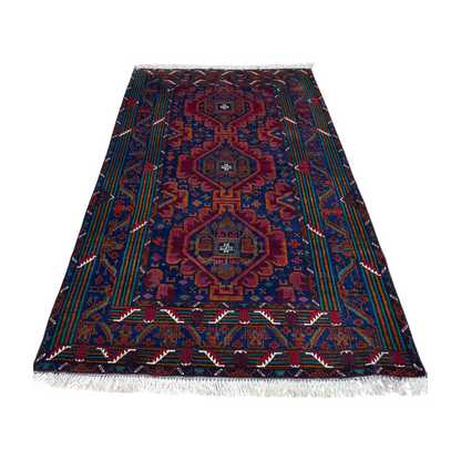 Authentic Baluchi 1 - 4 ft x 6 ft Handmade Wool Carpet - Deep Blue and Red Wine - Timeless Beauty for Your Home