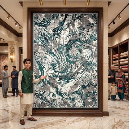 Bosphorus Flow Turkish Silk Rug – Teal & Grey Abstract, 5 x 8 ft