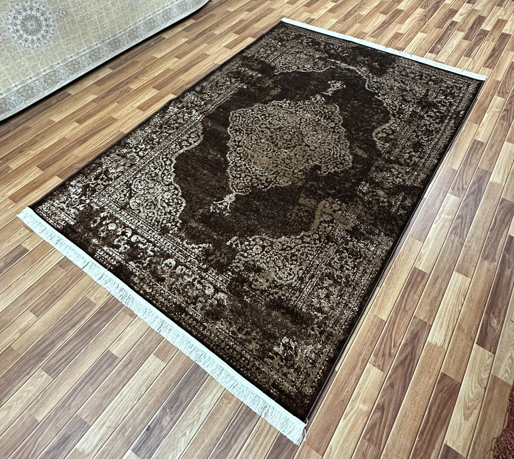 Luxurious 7 ft x 10 ft Persian Silky Taymaz Area Rug - Dark Brown and White Elegance