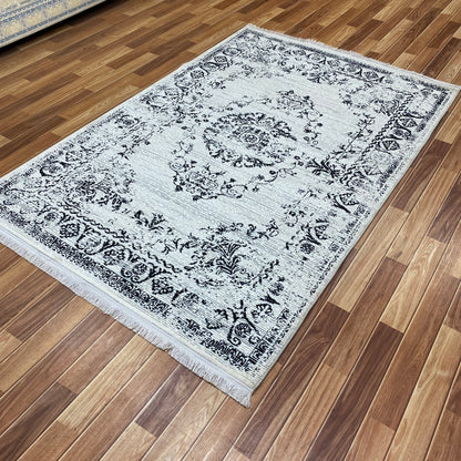 Elegant 5 ft x 8 ft Persian Silky Area Rug - Harmony 1 - Luxurious White and Blue Design for Timeless Appeal