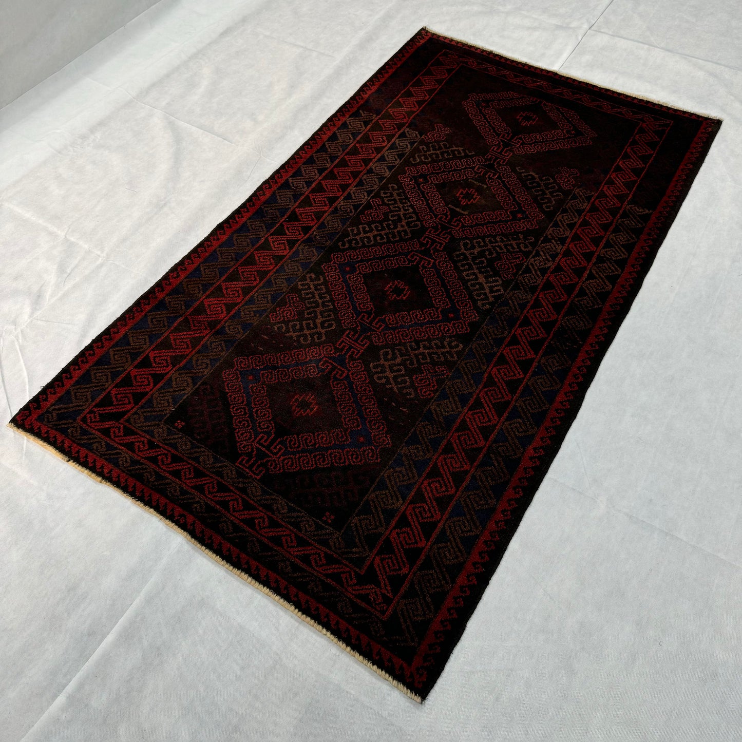 Elegant 4x6 ft Baluchi Handmade Rug - Rich Red and Black Geometric Design