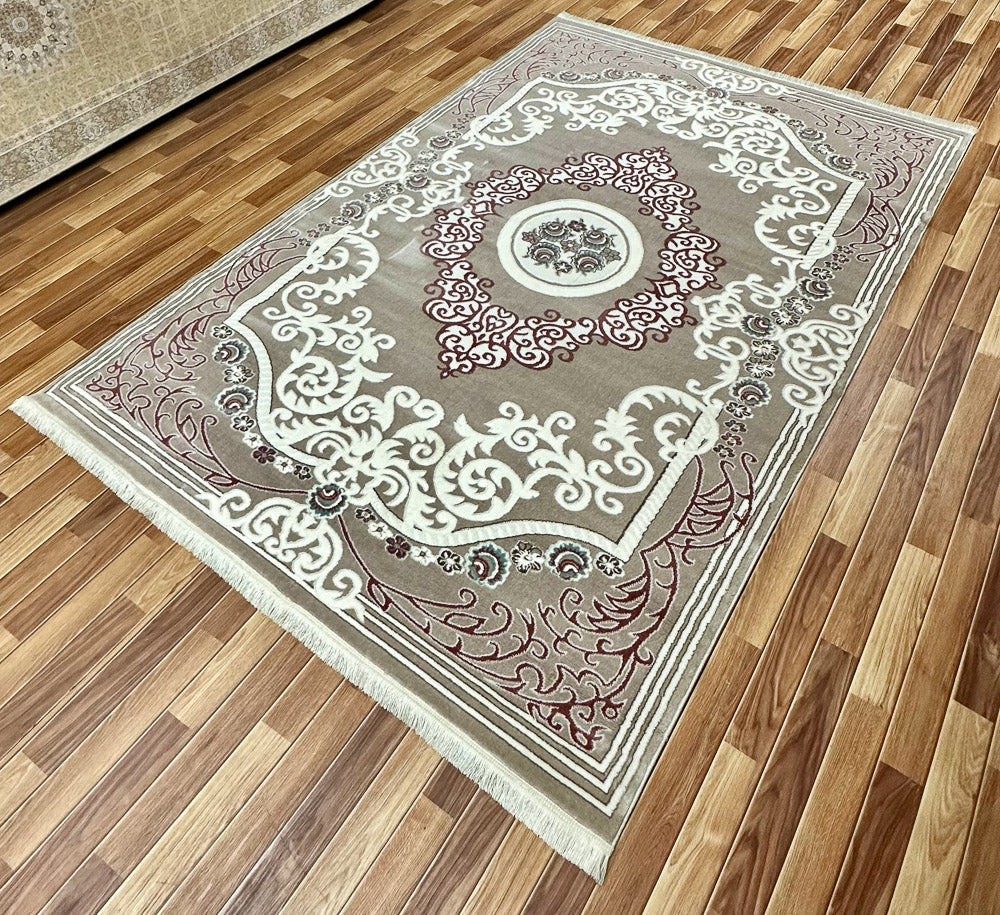 Elegant 7 ft x 10 ft Persian Silky Sabiha FD 2 Area Rug - Coffee and White Intricate Design