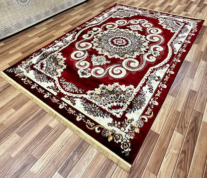 Luxurious 7 ft x 10 ft JD Turkish Napoli Area Rug - Opulent Red Wine and Beige Design