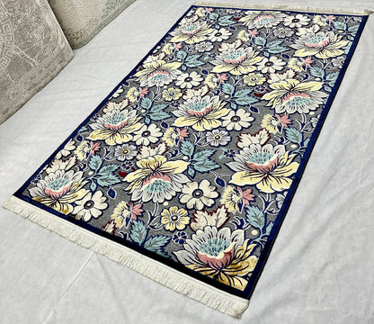 Elegant Dark Blue and Grey Floral Area Rug - 5 ft x 8 ft - Persian Silky Taymaz Collection