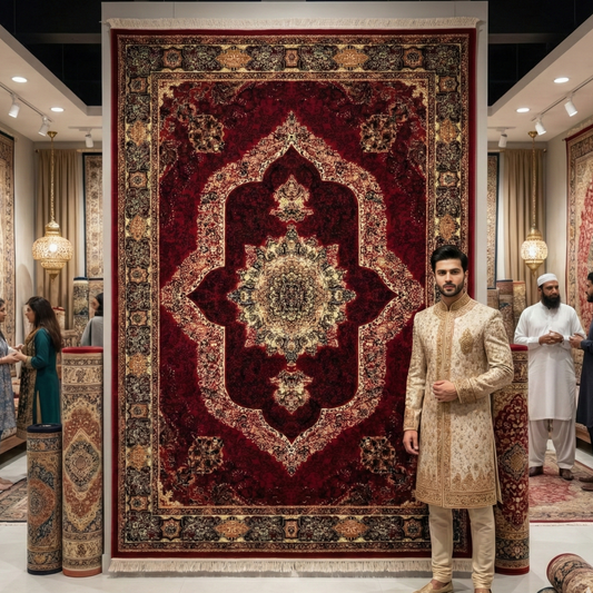 Persian Kashani Red Medallion Rug 8x11 ft – 500 Reeds Nylon Machine-Made Iran