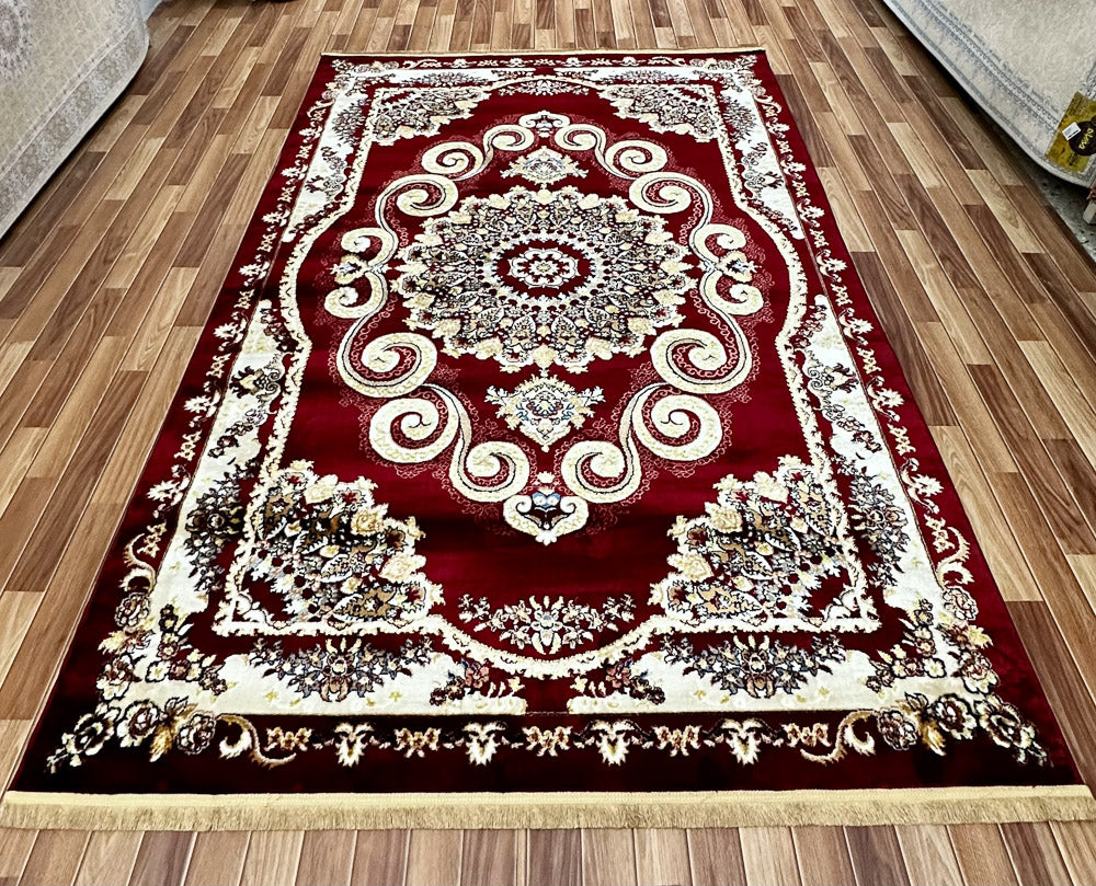 Luxurious 7 ft x 10 ft JD Turkish Napoli Area Rug - Opulent Red Wine and Beige Design