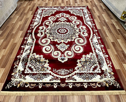 Luxurious 7 ft x 10 ft JD Turkish Napoli Area Rug - Opulent Red Wine and Beige Design