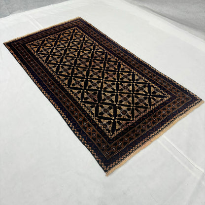 4 ft x 7 ft Afghan Handmade Wool Rug - Zakani Tribal Baluch, Geometric Design with Rich Black & Gold Tones