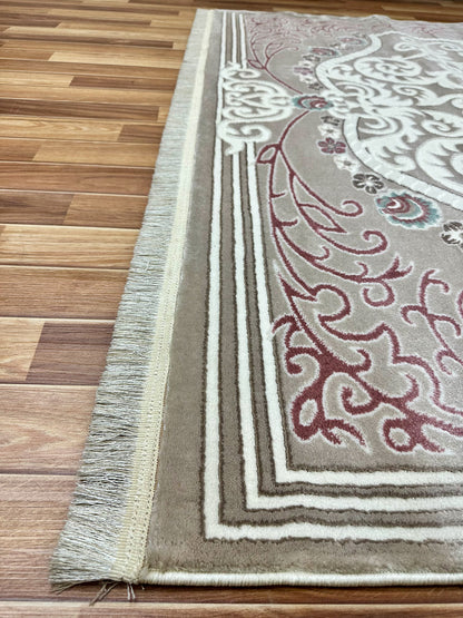 Elegant 7 ft x 10 ft Persian Silky Sabiha FD 2 Area Rug - Coffee and White Intricate Design