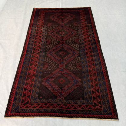 Elegant 4x6 ft Baluchi Handmade Rug - Rich Red and Black Geometric Design