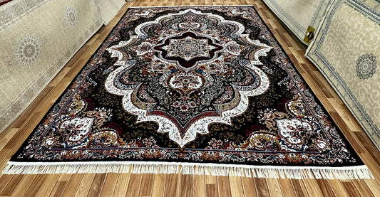 Luxurious 10 ft x 13 ft Persian 500 Reeds Area Rug - Nastaran Gol Bidgol 2 - Black and Multi Colors