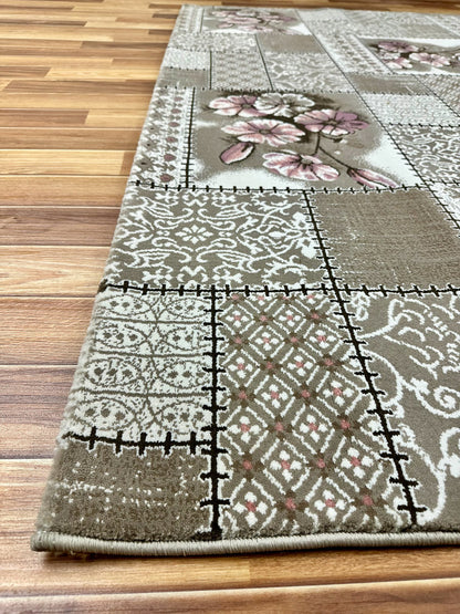 Elegant 7 ft x 10 ft Persian 500 Reeds Ana Floral 2 Area Rug - Light Brown and Beige Patchwork Design