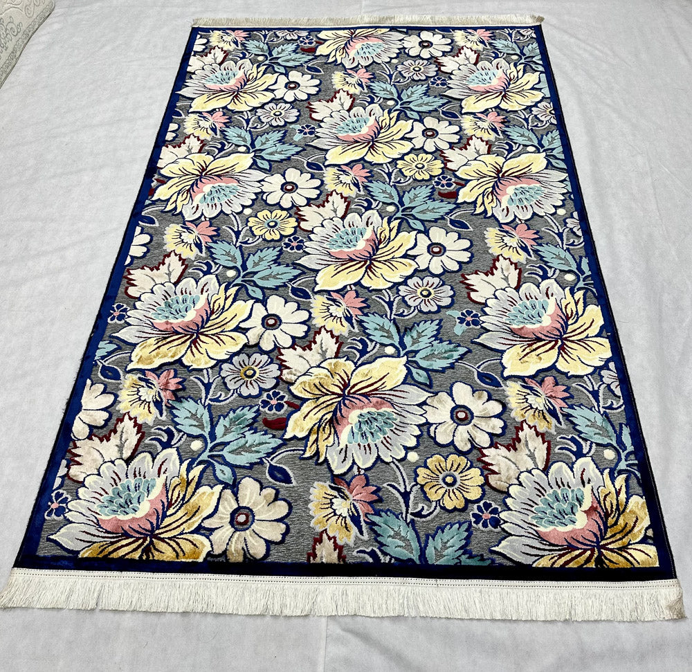 5 ft x 8 ft - Area Rug - Persian Silky - Taymaz 2 - D. Blue and Grey with Multi Colors