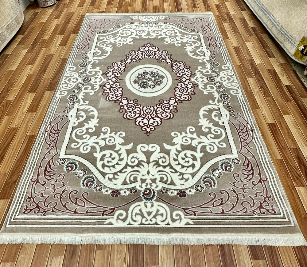 Elegant 7 ft x 10 ft Persian Silky Sabiha FD 2 Area Rug - Coffee and White Intricate Design