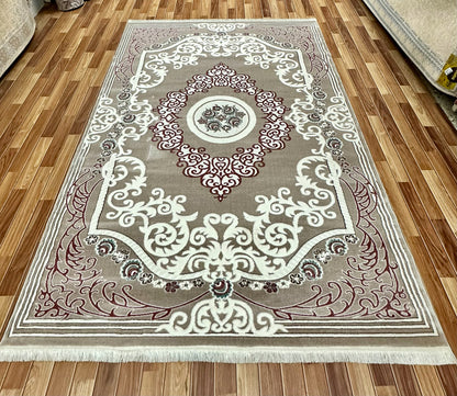 Elegant 7 ft x 10 ft Persian Silky Sabiha FD 2 Area Rug - Coffee and White Intricate Design