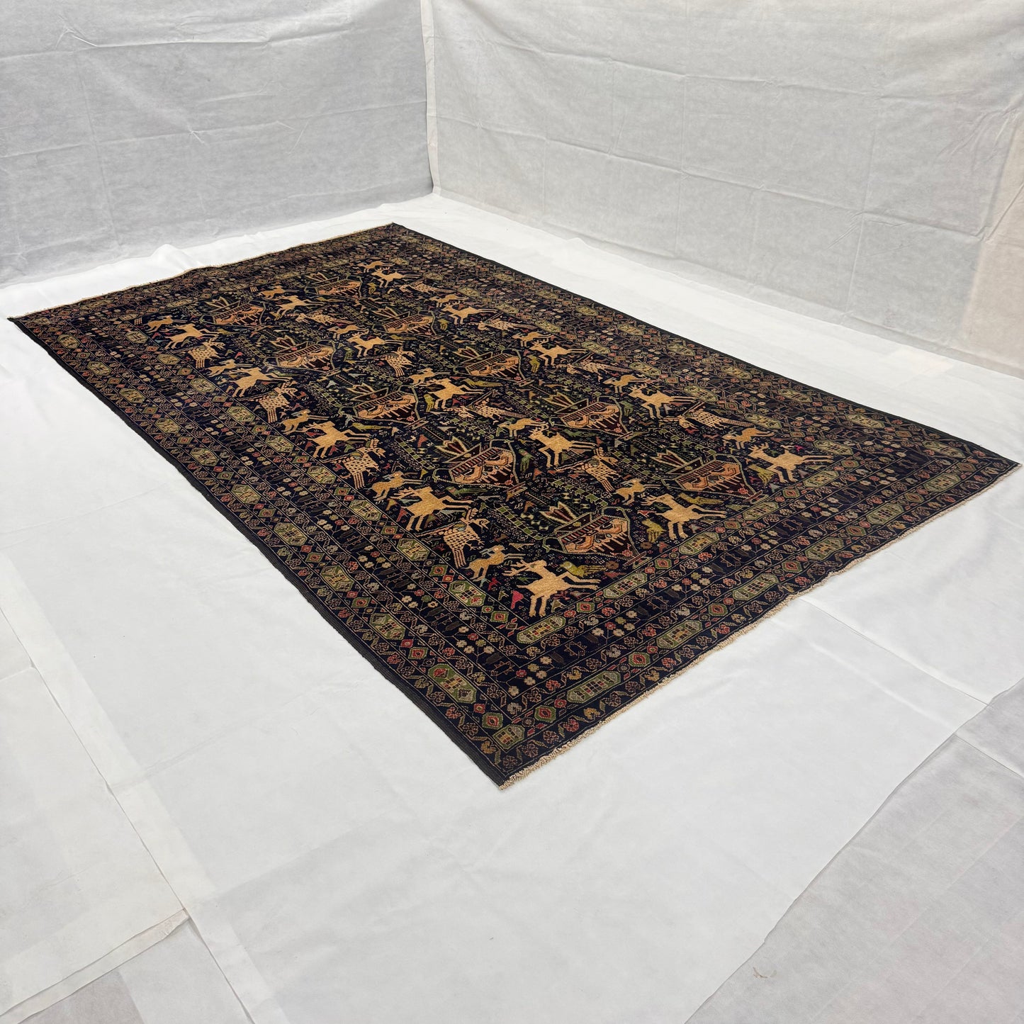 Stunning Afghan Handmade Shiakrgah Rug – 6.5 ft x 10 ft – Traditional Hunting Scene with Animal and Floral Motifs – Premium Wool, Handcrafted Excellence