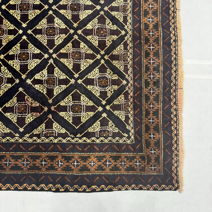 4 ft x 7 ft Afghan Handmade Wool Rug - Zakani Tribal Baluch, Geometric Design with Rich Black & Gold Tones