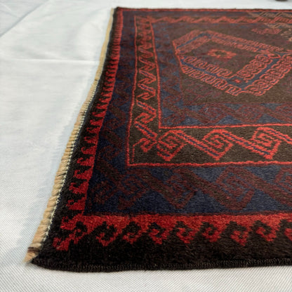 Elegant 4x6 ft Baluchi Handmade Rug - Rich Red and Black Geometric Design