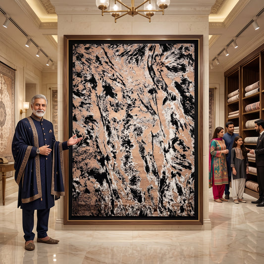 Bosphorus Flow Turkish Silk Rug – Black & Champagne Abstract, 5 x 8 ft