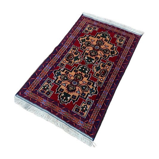 Authentic Baluchi 2 - 3ft x 5 ft - Handmade Carpet - D. Blue and Red Wine- Timeless Beauty for Your Home
