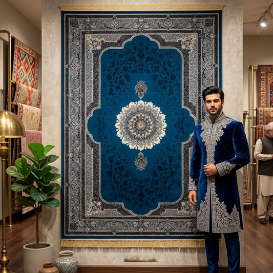 7 ft x 10 ft Navy Persian 700 Reed Acrylic Rug, Nain Medallion Carpet