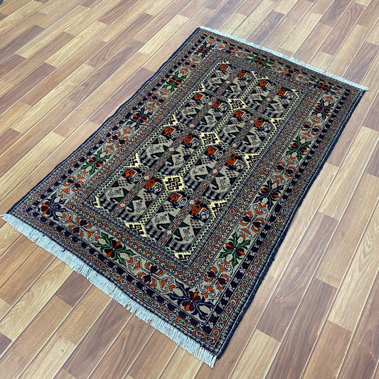 Mazar Sharif 1 - 3 ft x 5 ft Handmade Wool Carpet - Light Grey with Vibrant Patterns - Immerse Your Space in Luxury