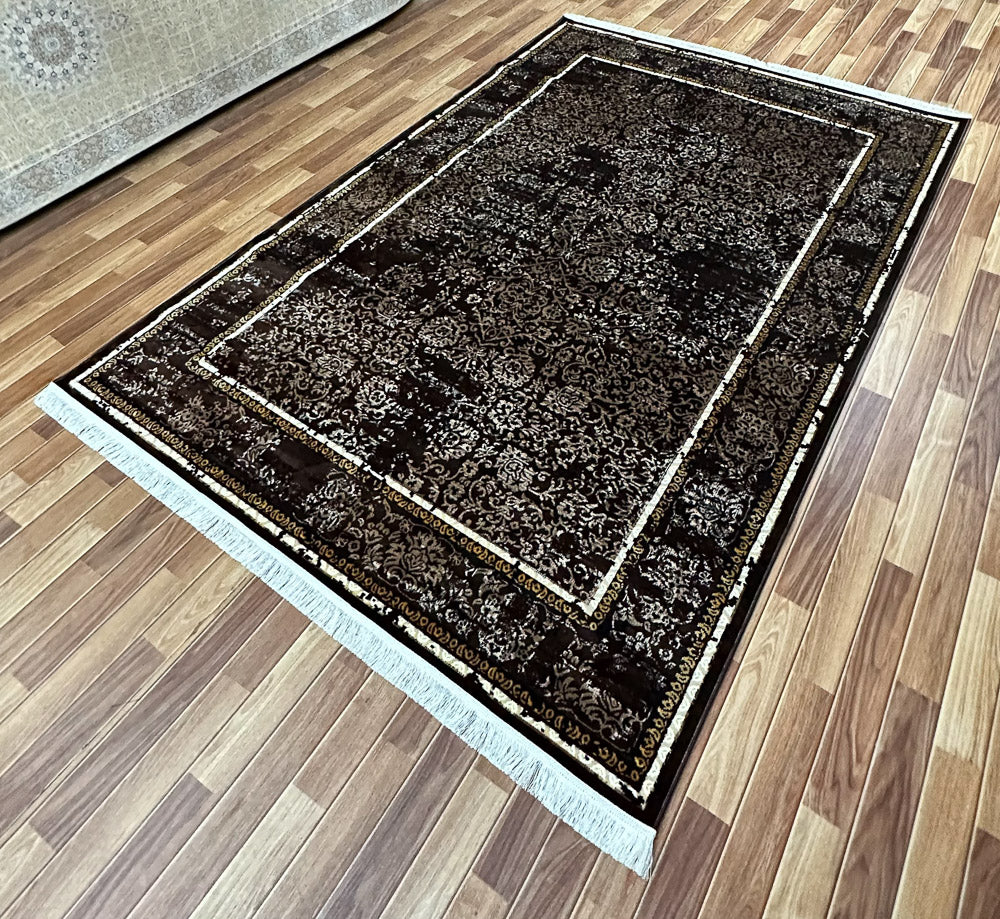 Elegant 7 ft x 10 ft Persian Silky Taymaz Area Rug - Dark Brown and White