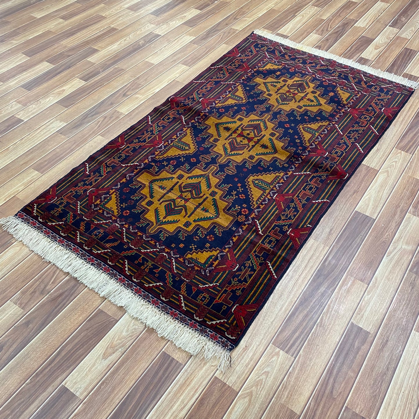 Authentic Baluchi 3 - 4 ft x 6 ft Handmade Wool Carpet - Red Wine and Gold - Timeless Beauty for Your Home