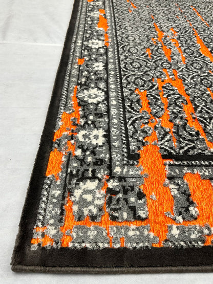 Elegant Grey and Orange Area Rug - 5 ft x 8 ft - Persian Silky Chenille Vintage Collection