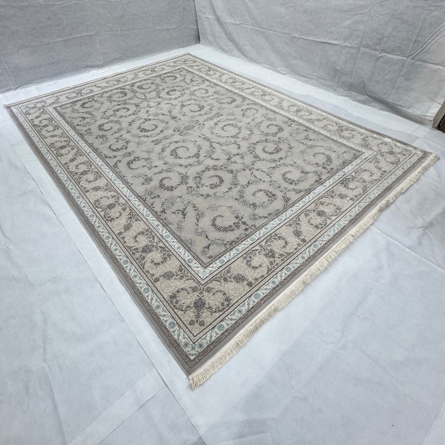 Premium Persian Silk Rug 8 ft x 11 ft | Beheshti Tabriz 1200 Reeds | Soft Gray Elegance