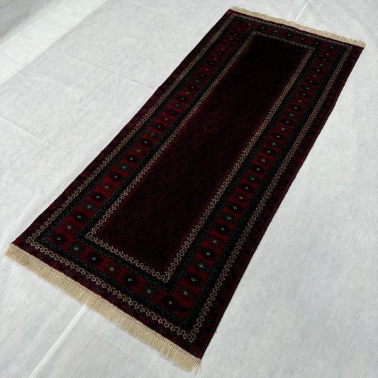 Luxurious 3x7 ft Baluchi Handmade Rug - Rich Red and Green Geometric Design