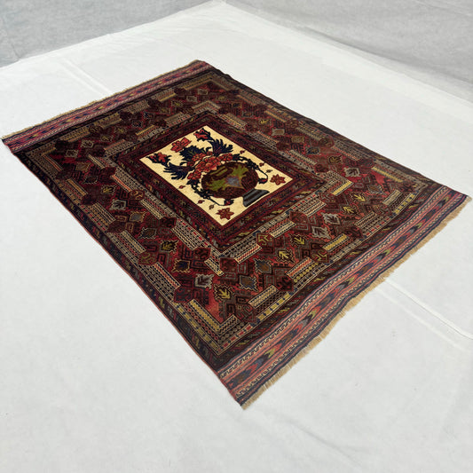 4.5 ft x 6.5 ft Afghan Handmade Wool Rug - Sultani Guldan Floral Vase Design, Luxurious & Durable