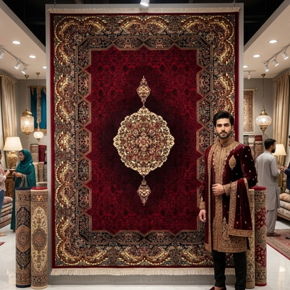 Persian Kashani Red Medallion Rug 8x11 ft – 500 Reeds Nylon Machine-Made Iran