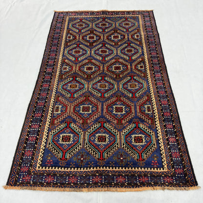 4 ft x 6 ft Afghan Handmade Wool Rug - Zakani Tribal Baluch, Bold Geometric Patterns, Rich Colors