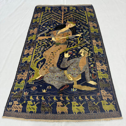 Stunning Afghan Handmade Shikargah Rug – 3.5 ft x 6.5 ft – Elegant Hunting Scene with Figures & Nature – Premium Wool, Traditional Afghan Craftsmanship