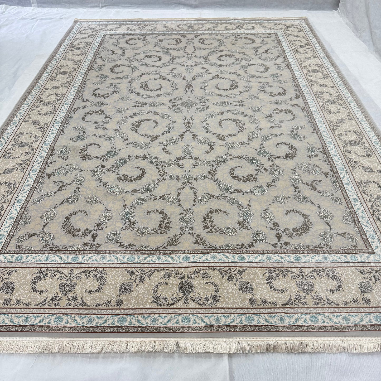 Premium Persian Silk Rug 8 ft x 11 ft | Beheshti Tabriz 1200 Reeds | Soft Gray Elegance