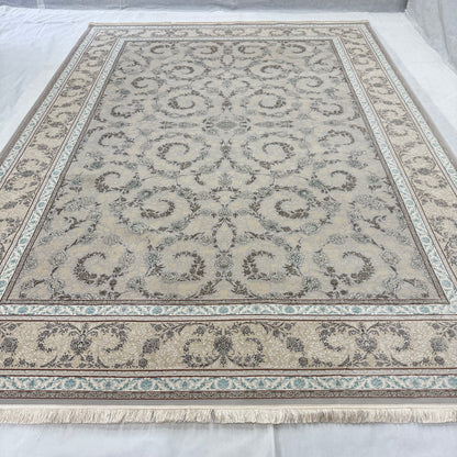 Premium Persian Silk Rug 8 ft x 11 ft | Beheshti Tabriz 1200 Reeds | Soft Gray Elegance