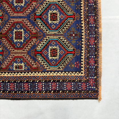 4 ft x 6 ft Afghan Handmade Wool Rug - Zakani Tribal Baluch, Bold Geometric Patterns, Rich Colors