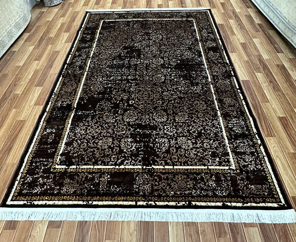 Elegant 7 ft x 10 ft Persian Silky Taymaz Area Rug - Dark Brown and White